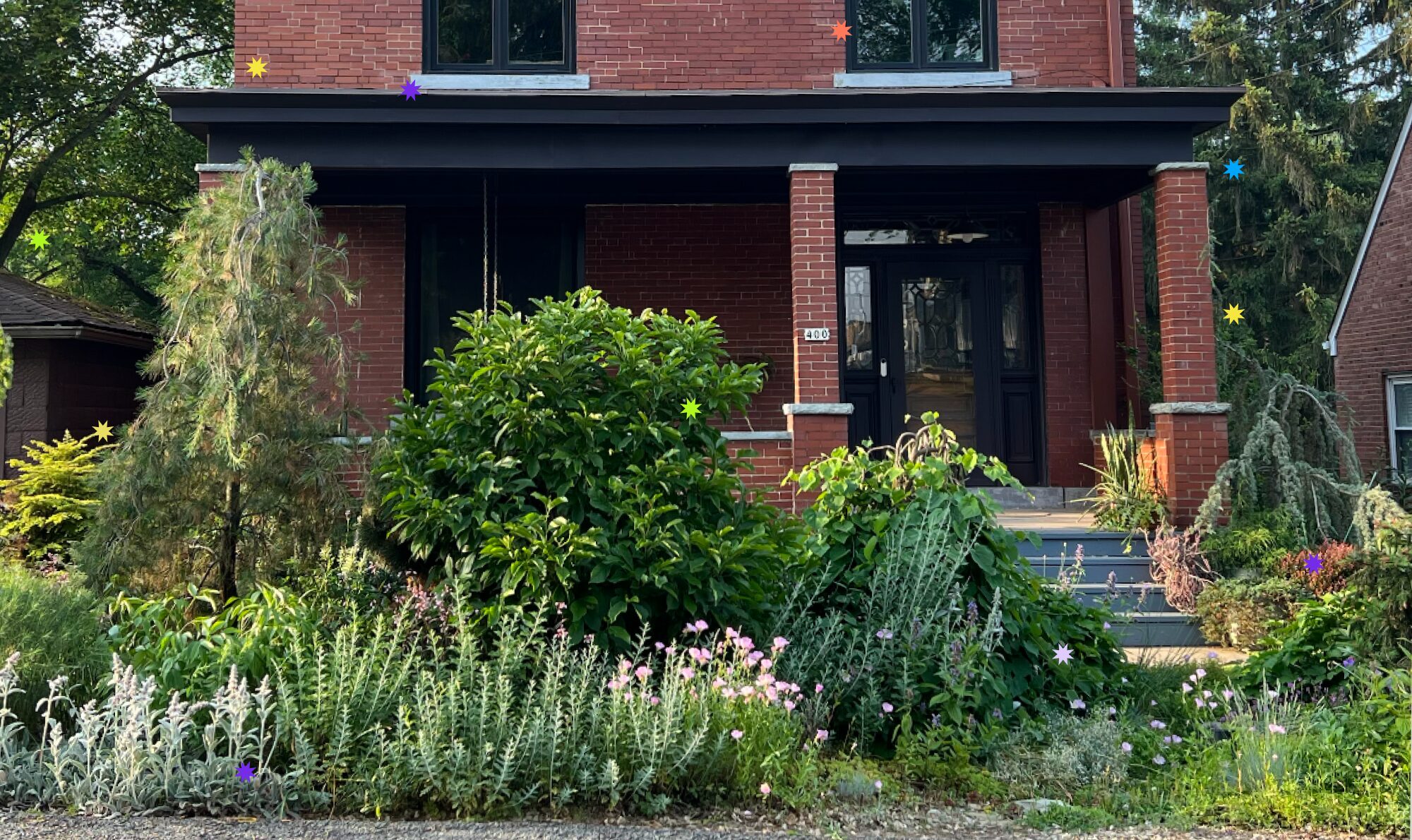 A lush garden of native plants in front of a brick suburban house in Pittsburgh